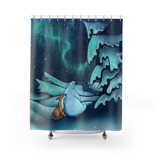 Northern Lights Shower Curtain with Polar Bears and Winter Illustrations
