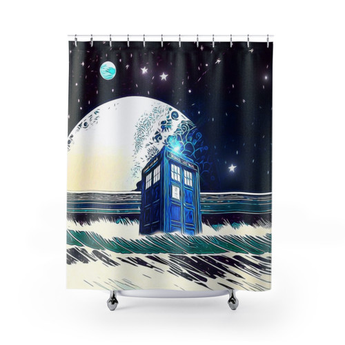 Alien Shore Shower Curtains featuring TARDIS-inspired design