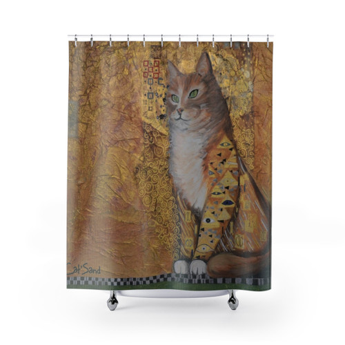 Klimt Cat Shower Curtain with Golden Details