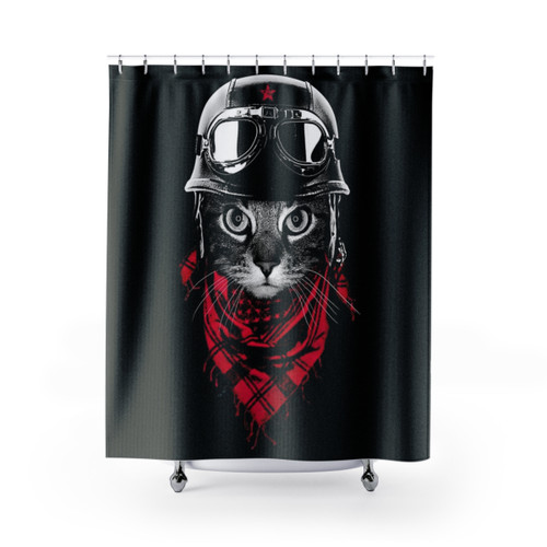 Adventurer Cat Shower Curtains featuring cute graphics