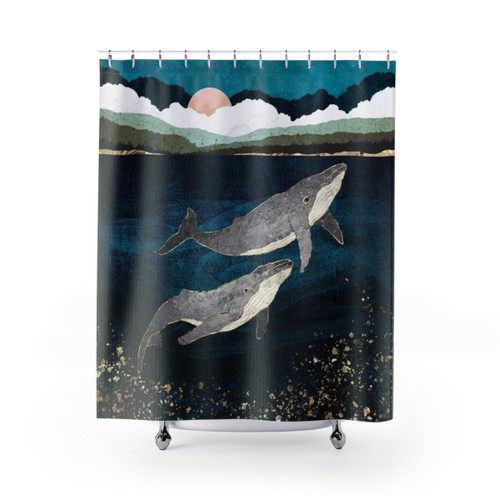 Bond VI Shower Curtains featuring a beautiful whale and calf design