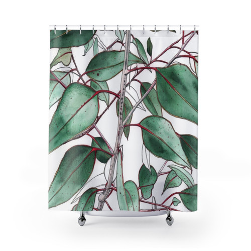 Eucalyptus shower curtain with green leaves and Australian flora