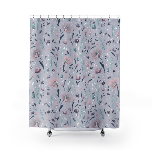 Whimsical fairy garden-themed shower curtain