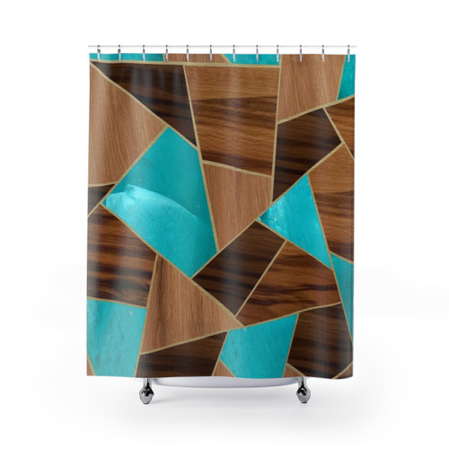 Turquoise Geometric Shower Curtain with Wood and Stone Design