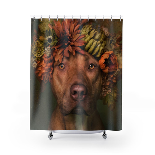 Flower Power Finn Shower Curtains featuring a pitbull dog in a flower crown