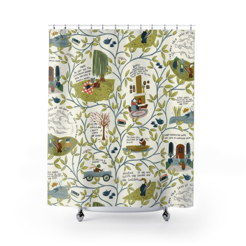 Whimsical willow shower curtain with animal illustrations