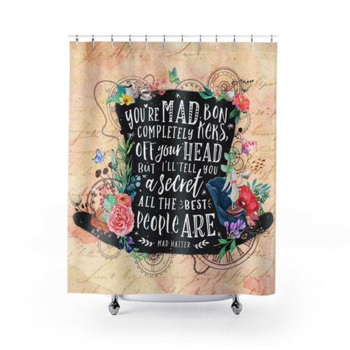 Mad Hatter-inspired shower curtain with whimsical floral and steampunk design elements