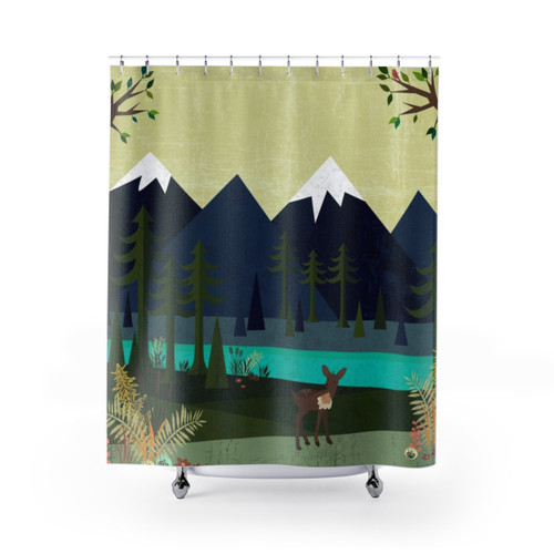 Nature-inspired March shower curtain with landscape design