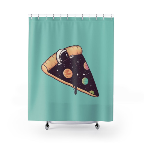 Galactic Deliciousness Shower Curtains featuring astronauts, space, and cosmic food elements