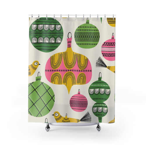Elegant Holiday Shower Curtains with Festive Baubles and Ornaments