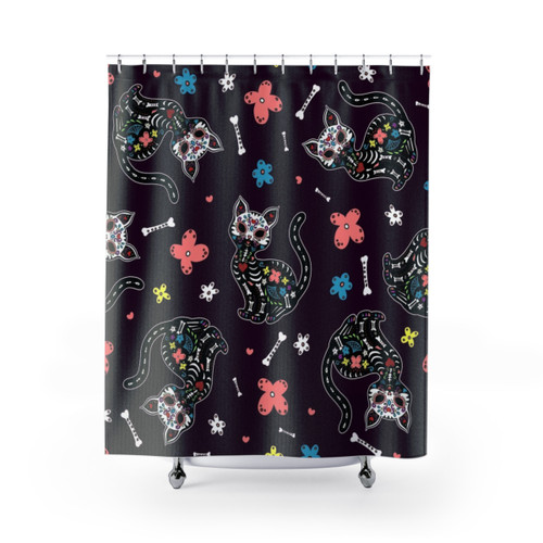 Dia de los Gatos Shower Curtains featuring cute cats and sugar skull designs