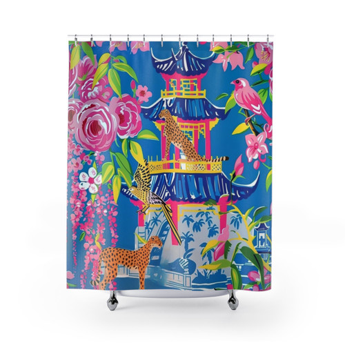 Preppy Cheetah Chinoiserie Garden Shower Curtain