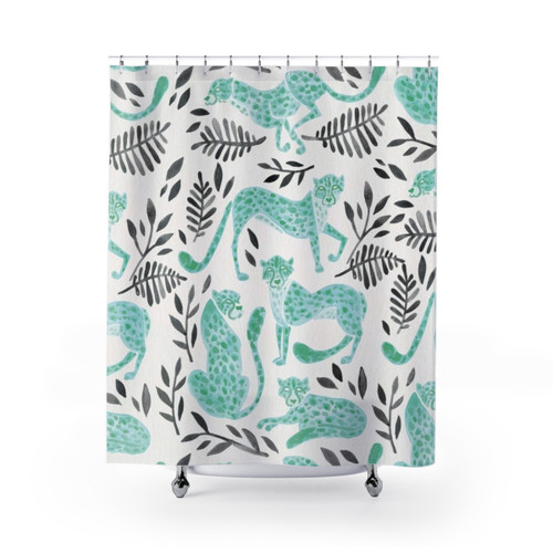 Cheetah print shower curtains in mint and black color palette