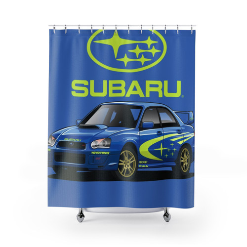 Subaru-inspired blue shower curtains