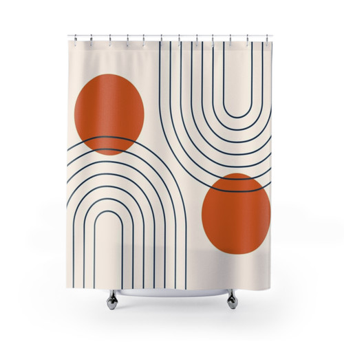 Mid Century Geometric Navy Blue and Burnt Orange Shower Curtain