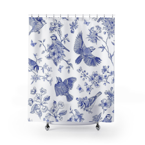 Vintage Blue Toile Birds Shower Curtains