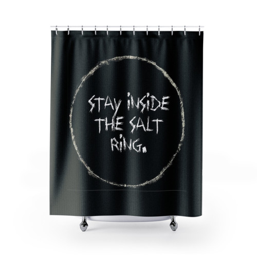 Supernatural-themed shower curtain with salt ring design