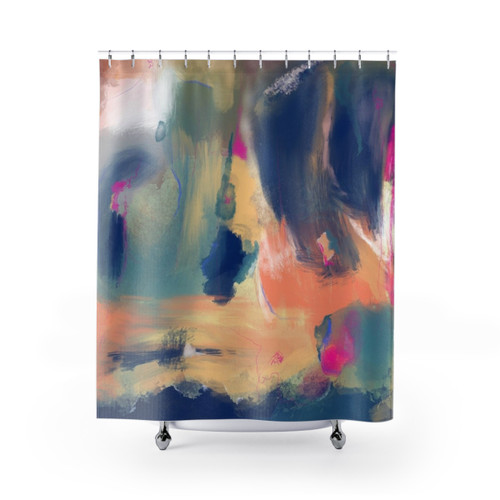 Abstract art shower curtain with blue, orange, and pink colors