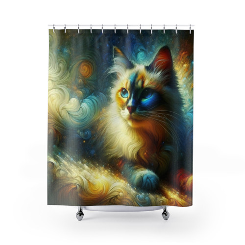 Sacred Birman Cat Shower Curtains - Dreamer in Starlight