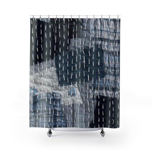 Traditional Japanese Boro Sashiko Pattern Shower Curtains