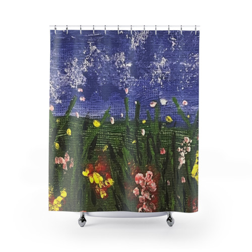 Sunny Flower Meadow Shower Curtains with Green Floral Design