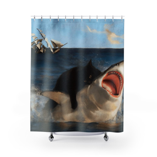 Whimsical cat vs. shark shower curtain design
