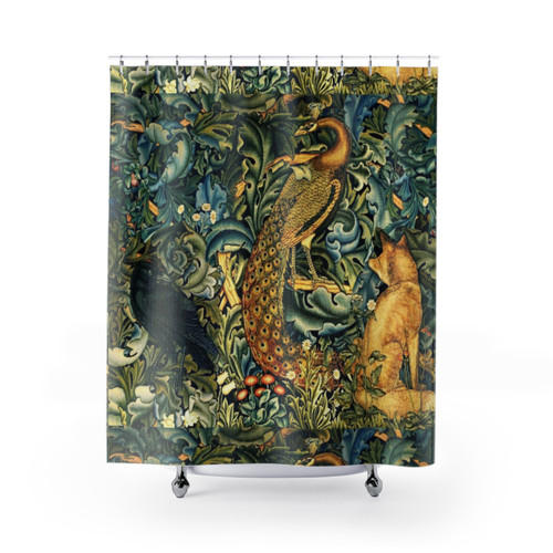 Blue Green Floral Shower Curtains with Woodland Animals Design
