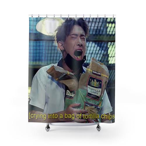 Monsta X Wonho Shower Curtains featuring Emotionally Eating Tortilla Chips