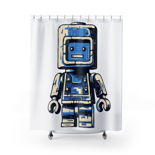 Lego-Inspired Blue Robot Shower Curtains