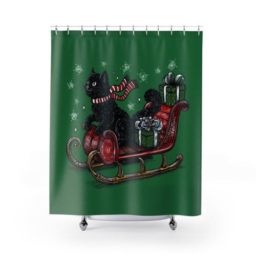Christmas Cat Sleigh Shower Curtains