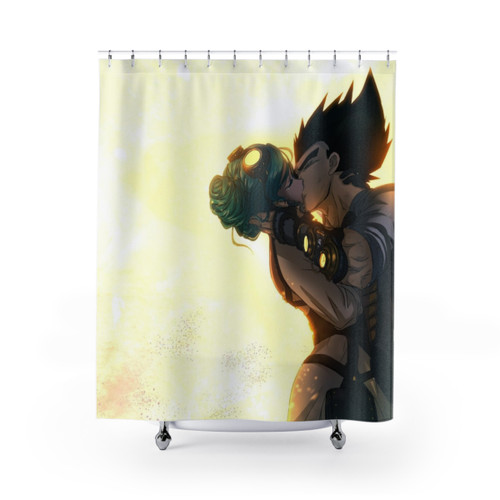 Of Stars, Steam and Pride Shower Curtains featuring Vegeta and Bulma
