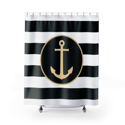 Anchor Nautical Black and White Striped Shower Curtain