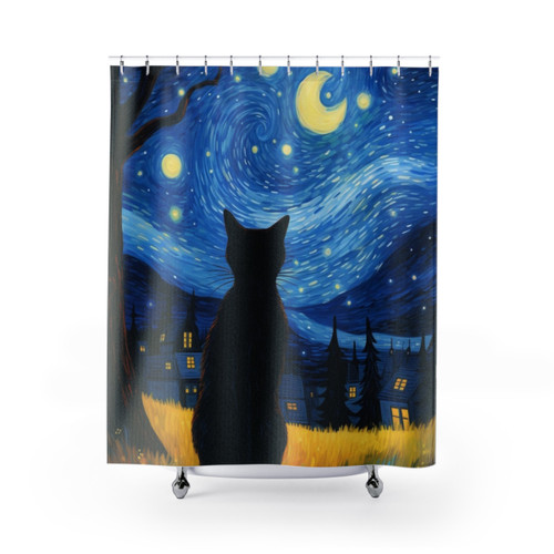 Black Cat Van Gogh Starry Night Shower Curtain