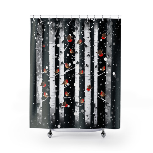 Birch Trees Snow Forest & Robin Bird Shower Curtain