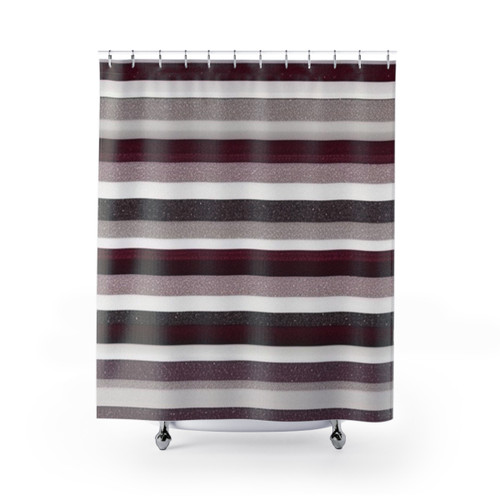 Maroon and grey striped shower curtain