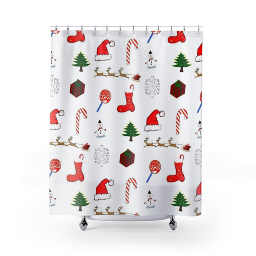 Christmas-themed shower curtain with Santa, trees, and other holiday elements