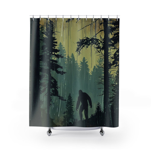 Retro Bigfoot Shower Curtain with Rainy Forest Scenery
