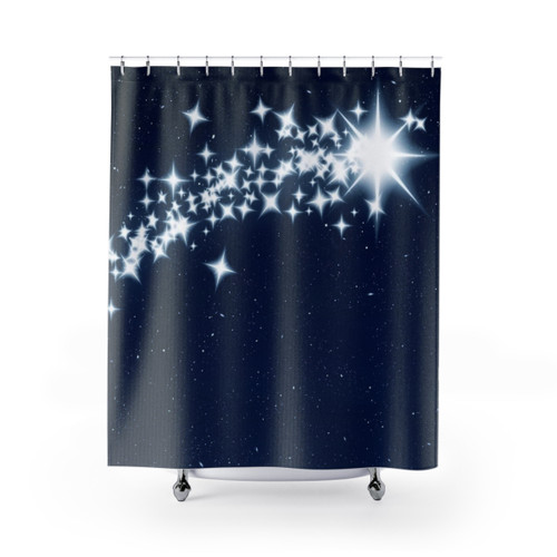 Shooting star shower curtains with a blue night sky and twinkling stars