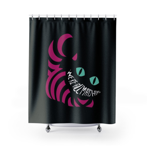 Alice in Wonderland themed shower curtain featuring Cheshire Cat design