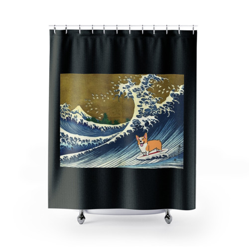 Corgi dog surfing The Great Wave on shower curtain