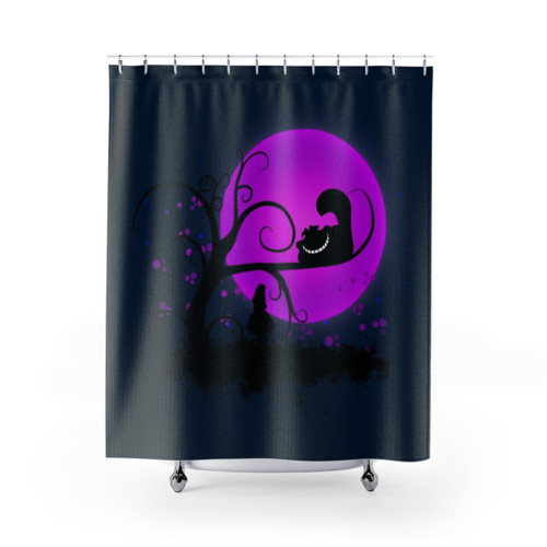 Alice in Wonderland Themed Shower Curtain with Cat and Dream Imagery