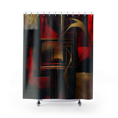 Modern Abstract Shower Curtains with Red, Black and Gold Design