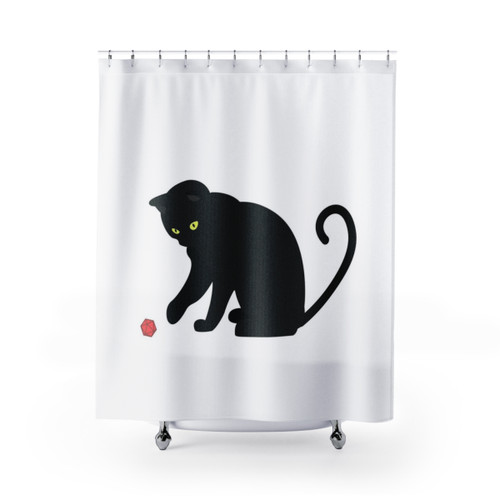 Whimsical cat-themed shower curtain with fantasy elements