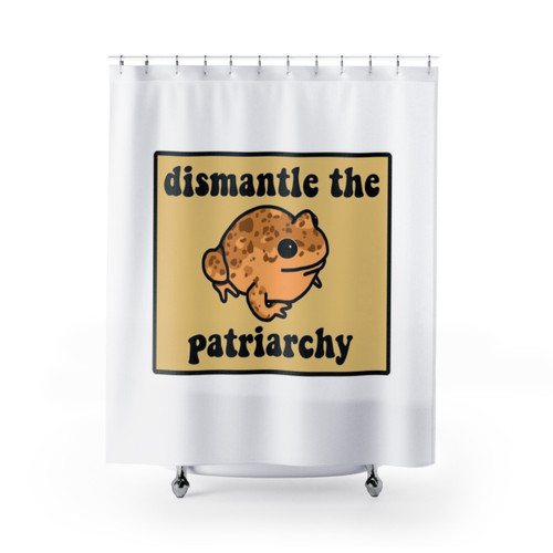 Frog shower curtain with Dismantle The Patriarchy design