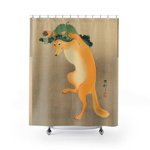 Shower curtain with a dancing fox in a lotus-leaf hat design