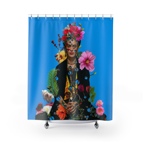 Frida Kahlo inspired shower curtain with floral and artistic design