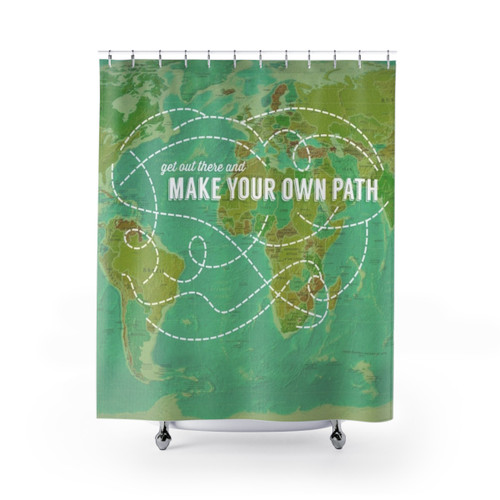 Adventure-themed shower curtains with maps and paths