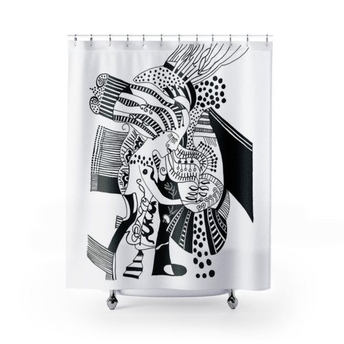 Artistic shower curtains featuring a woman with a cat design