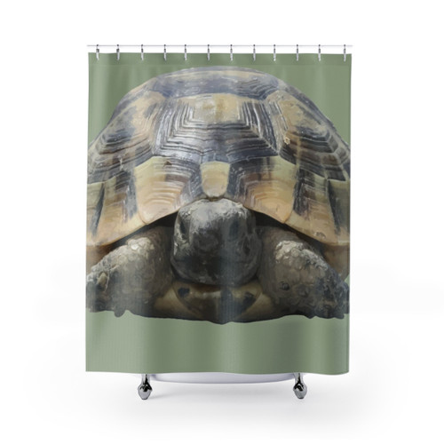 Tortoise-themed shower curtain with a cute tortoise design