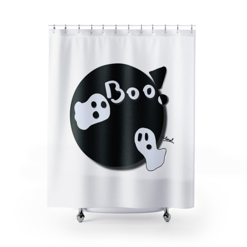 Cute ghost saying 'boo' shower curtain for Halloween bathroom decor